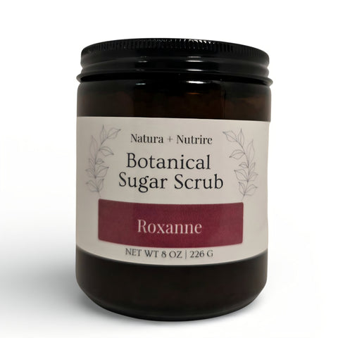 Botanical Sugar Scrub jar in Roxanne scent on a white background