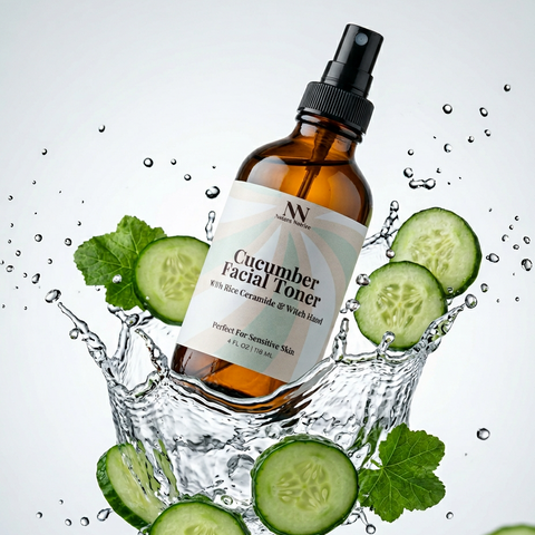 Cucumber Facial Toner with Rice Ceramides bottle splashing in water with sliced cucumbers and mint leaves on a light gray background