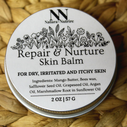 Natura Nutrire Repair & Nurture Skin Balm container on a woven surface