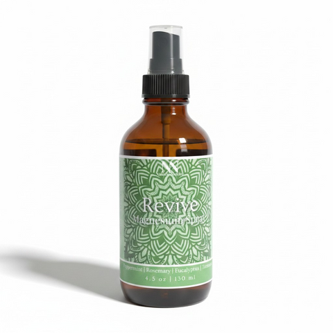 Revive Magnesium Spray amber glass bottle with green label on a white background