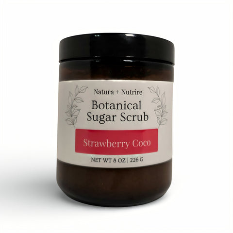 Botanical Sugar Scrub jar in Strawberry Coco scent on a white background