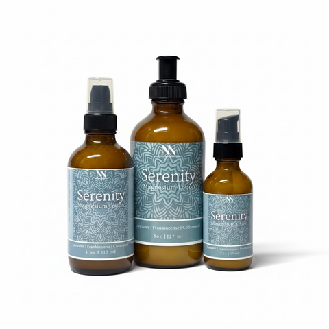 Three Serenity Magnesium Lotion bottles - 4oz spray, 8oz pump, and 2oz spray - with teal mandala-patterned labels on a white background