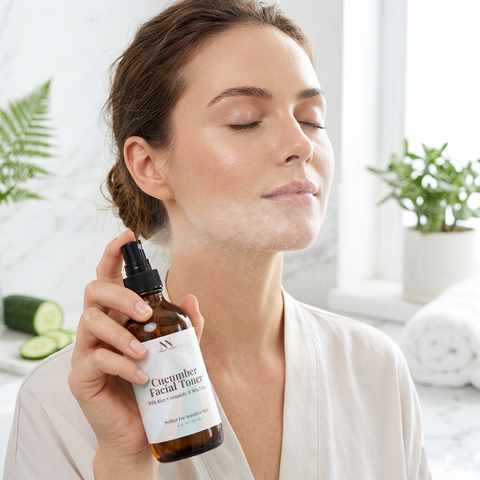 Woman applying Cucumber Facial Toner with Rice Ceramides to her neck in a bathroom, with fresh cucumber slices and a fern in the background