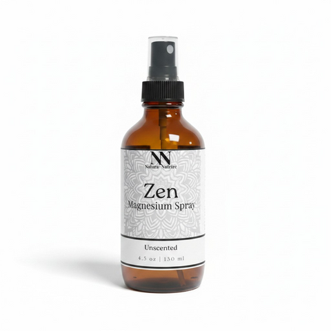 Zen Magnesium Spray unscented bottle with white label on a white background