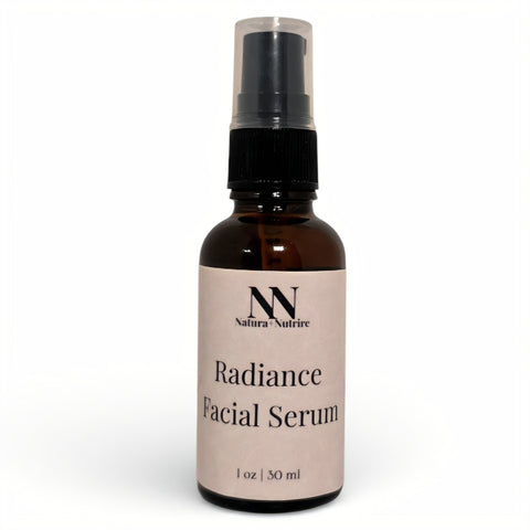 Radiance Facial Serum 1oz pump bottle with a beige label on a white background