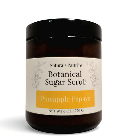 Botanical Sugar Scrub jar in Pineapple Papaya scent on a white background
