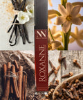 Roxanne fragrance ingredient collage: vanilla beans, tuberose flowers, cinnamon sticks, and cloves surrounding the Roxanne rollerball bottle