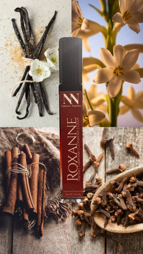 Roxanne fragrance ingredient collage: vanilla beans, tuberose flowers, cinnamon sticks, and cloves surrounding the Roxanne rollerball bottle