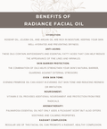 Benefits of Radiance Facial Oil infographic listing hydration, anti-aging, skin barrier protection, even skin tone, nourishment, aromatherapy, and radiant complexion, with rosehip, jojoba, argan, and evening primrose oils