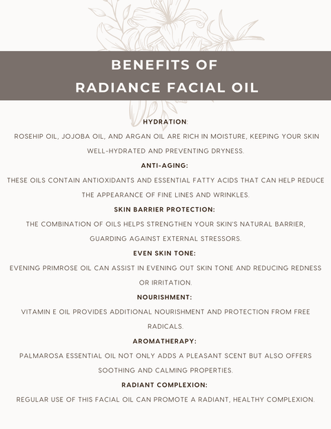 Benefits of Radiance Facial Oil infographic listing hydration, anti-aging, skin barrier protection, even skin tone, nourishment, aromatherapy, and radiant complexion, with rosehip, jojoba, argan, and evening primrose oils