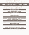 Benefits of Rose Clay Mask infographic listing deep cleansing, skin brightening, hydration, anti-inflammatory, anti-aging, and radiant complexion